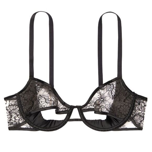 Victoria’s Secret Set Sexy Cut out mesh Rhinestones Demi Bra & High Waist thong - Picture 13 of 14